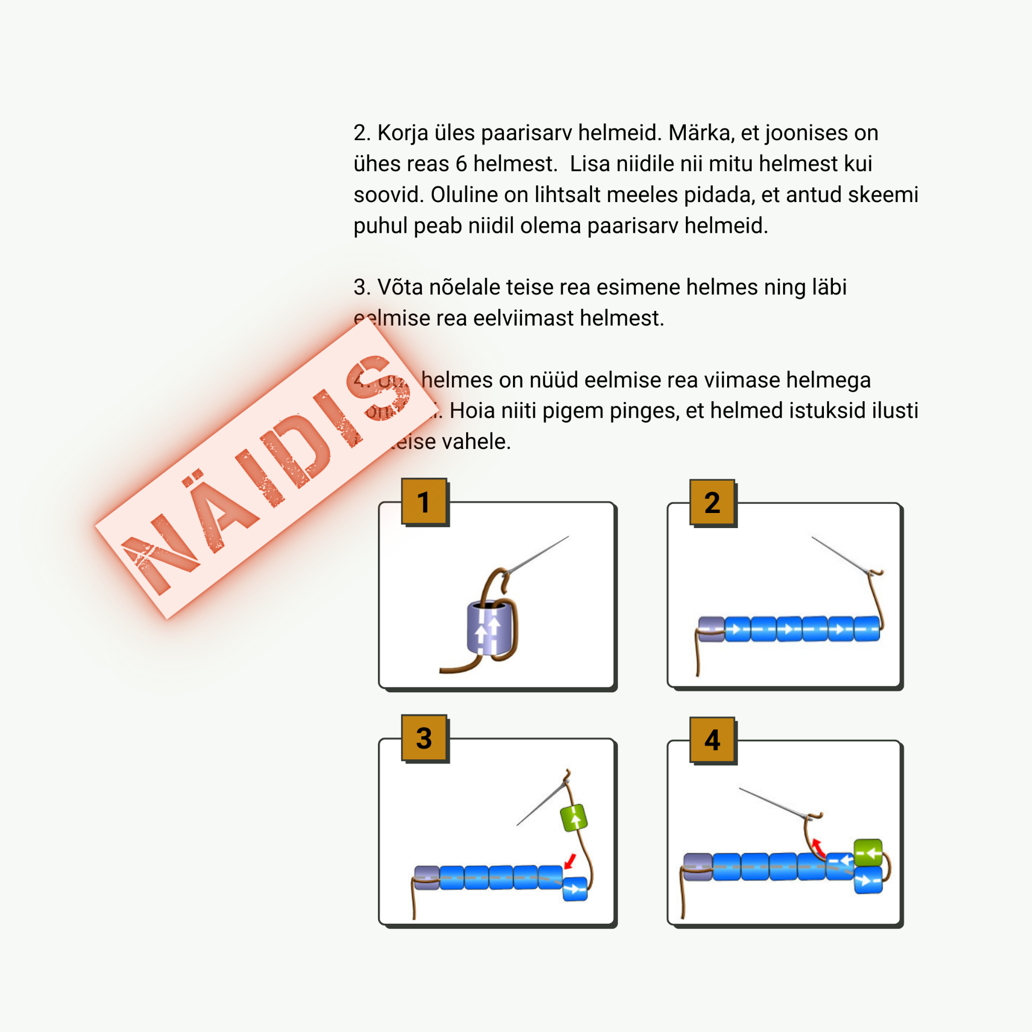 Peyote tehnika paaris-ja paarituarvulise piste helmetöö õpetuse näidis