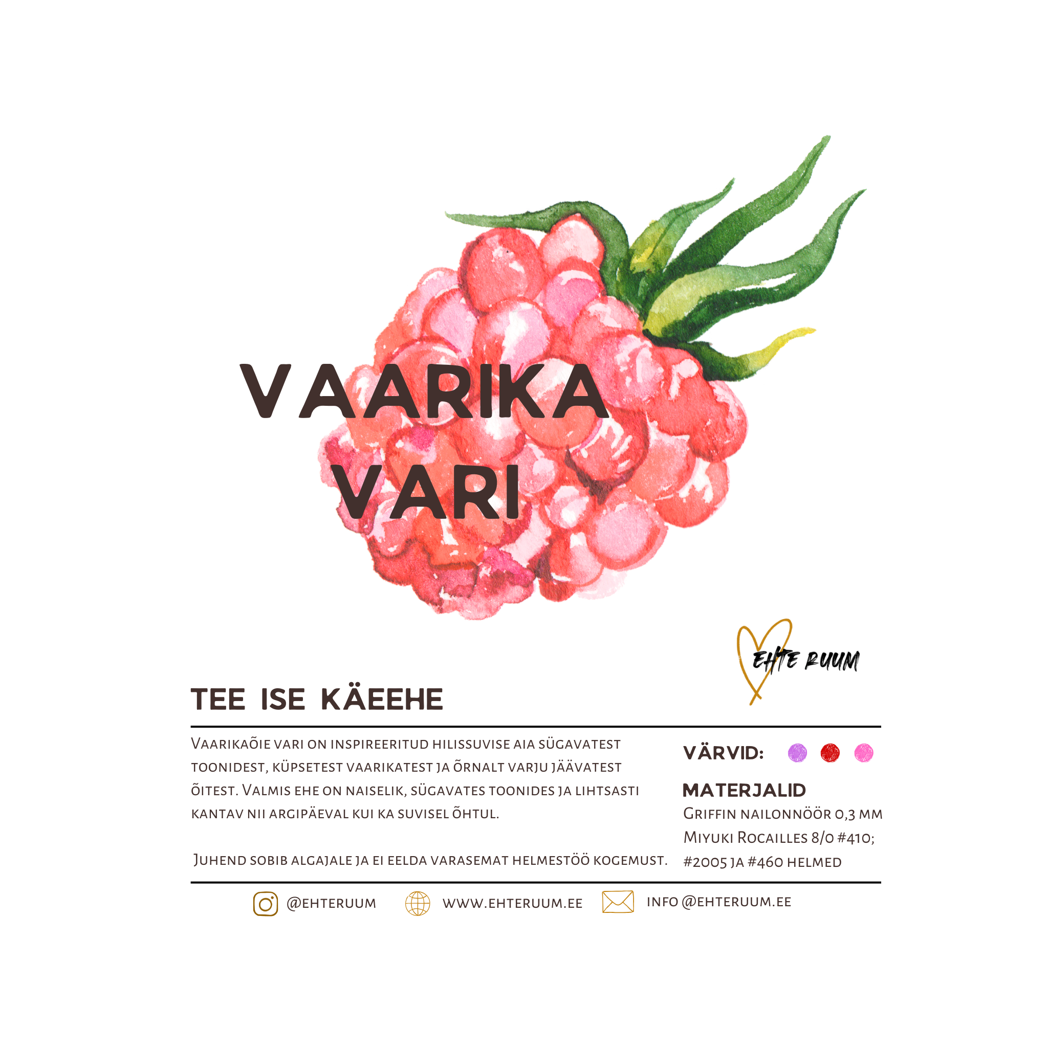 Seemnehelmesest käeehte isetegemise komplekt "Vaarikaõie vari" on inspireeritud hilissuvise aia sügavatest toonidest, küpsetest vaarikatest ja õrnalt varju jäävatest õitest. 