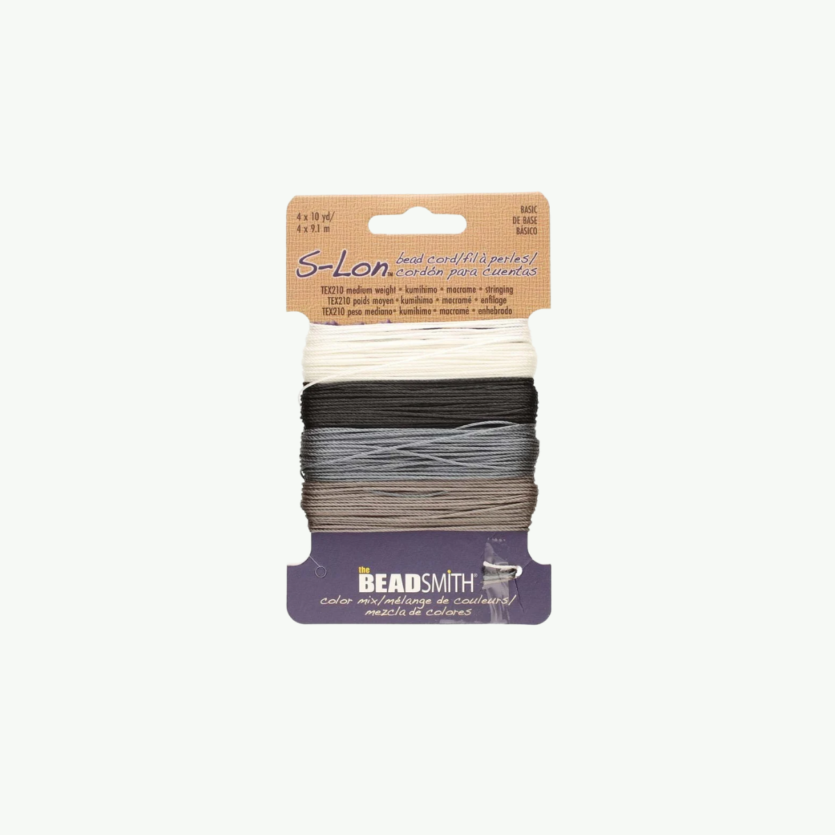 Neli neutraalset BeadSmith® S-Lon™ helmenööri kumihimo ja makramee jaoks