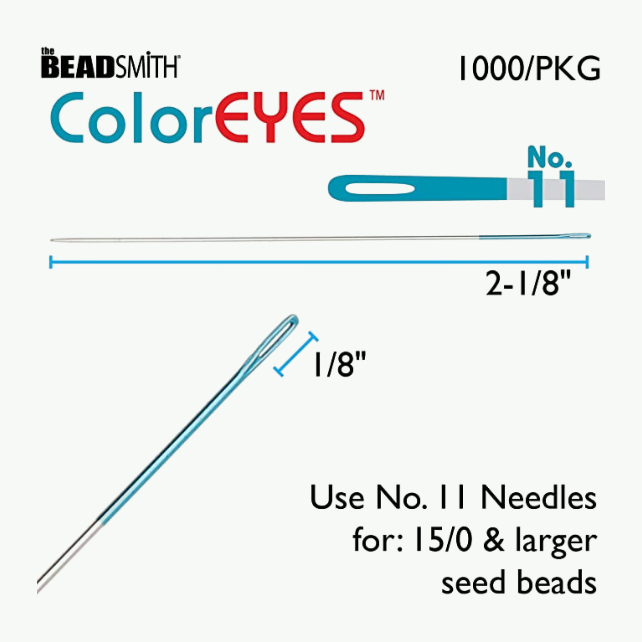 Coloreyes nr 11 helmenõelad sinise värvikoodiga, valmistatud kõrge süsinikusisaldusega terasest helmetöödeks ja litrite tikkimiseks.