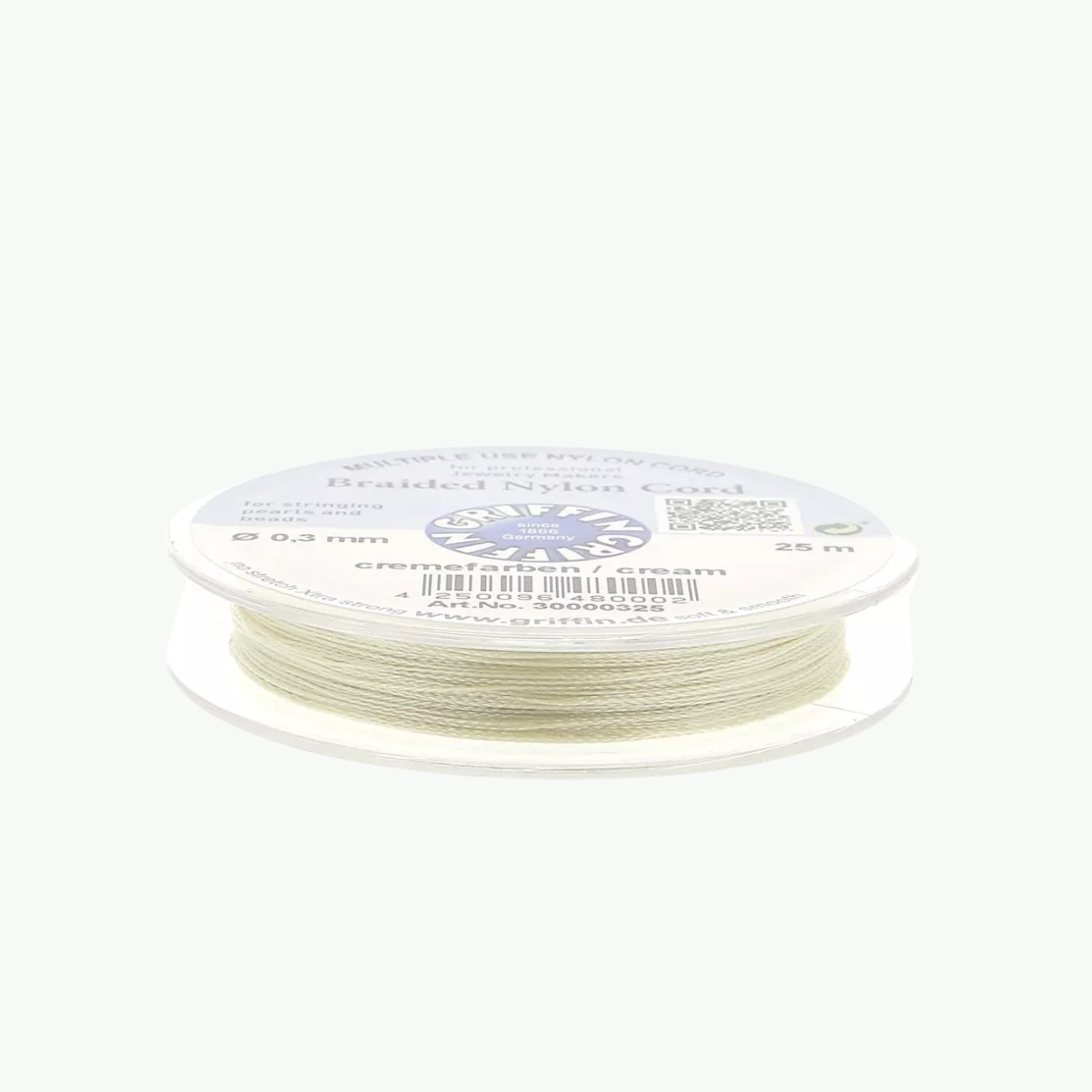 Griffin European Braided Nylon Thread 0,3-0,5 mm Cream kreemikas punutud nailonnöör 25 m pakendis