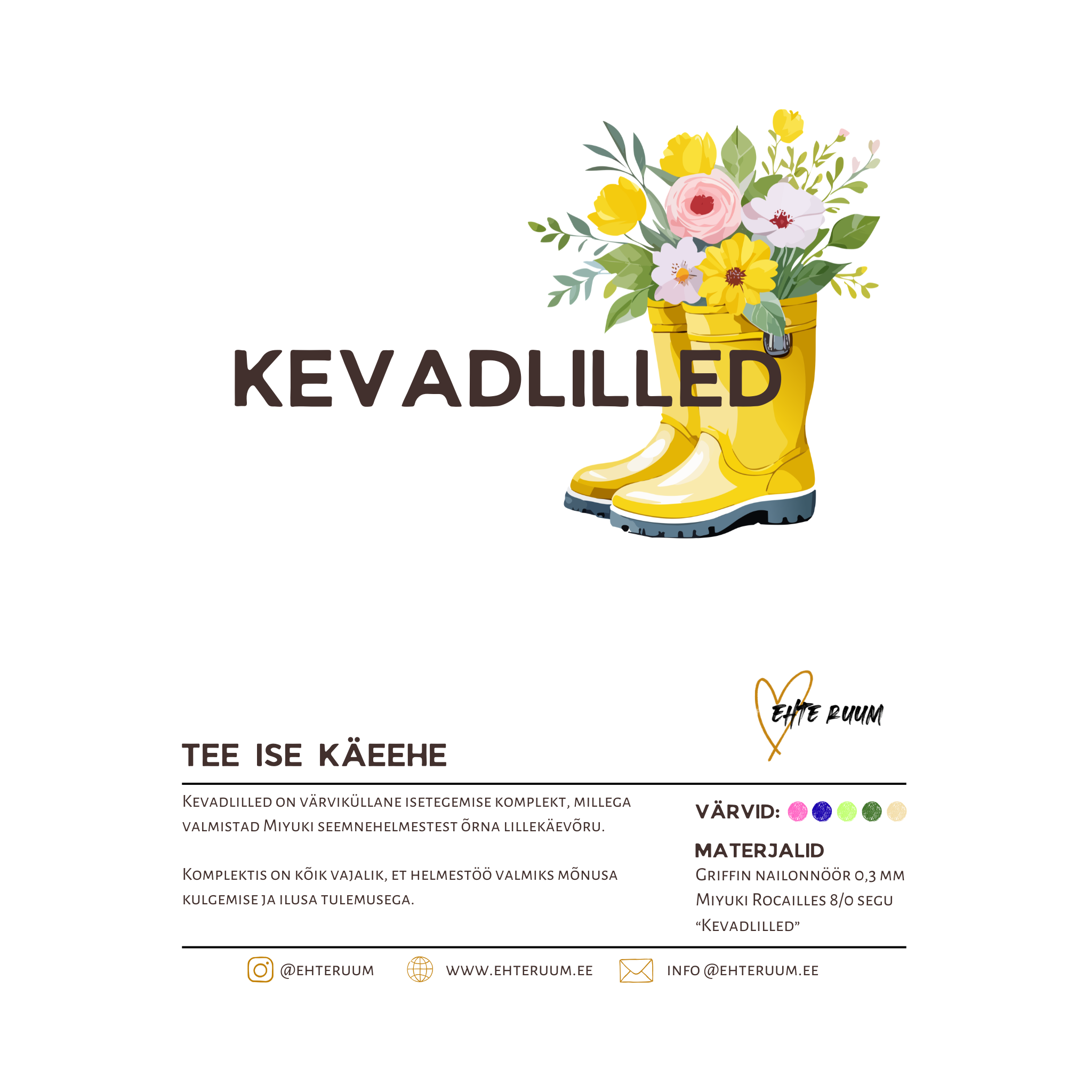 Kevadlilled seemnehelmestest lillekäevõru isetegemise komplekt Miyuki Rocailles 8/0 helmeste, Griffini nööri ja pärlinõelaga