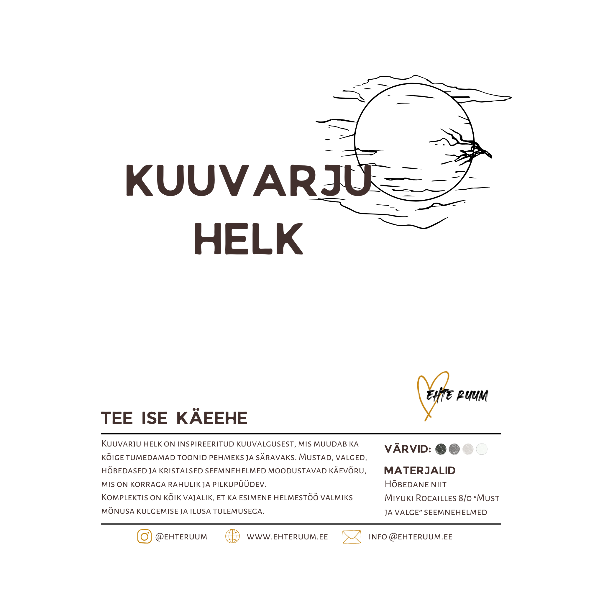 Kuuvarju helk musta, valge ja hõbedase helgiga seemnehelmestest lillekäevõru isetegemise komplekt