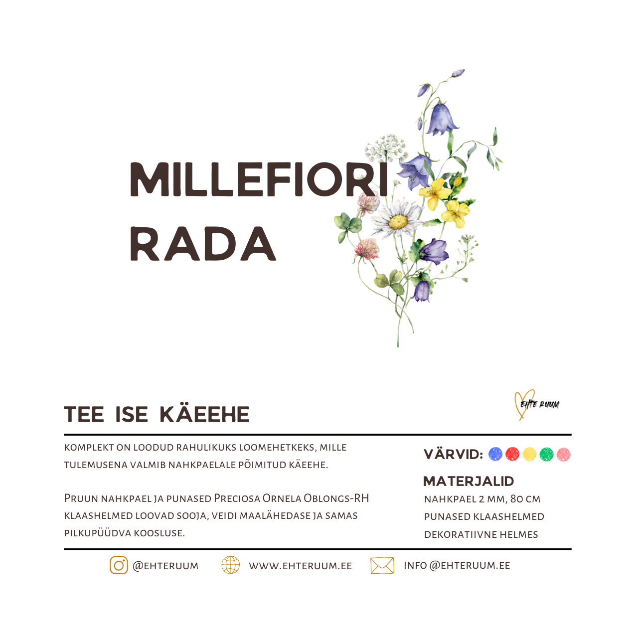 Nahkpaelaga käeehte isetegemise komplekt Millefiori kuubikhelmestega