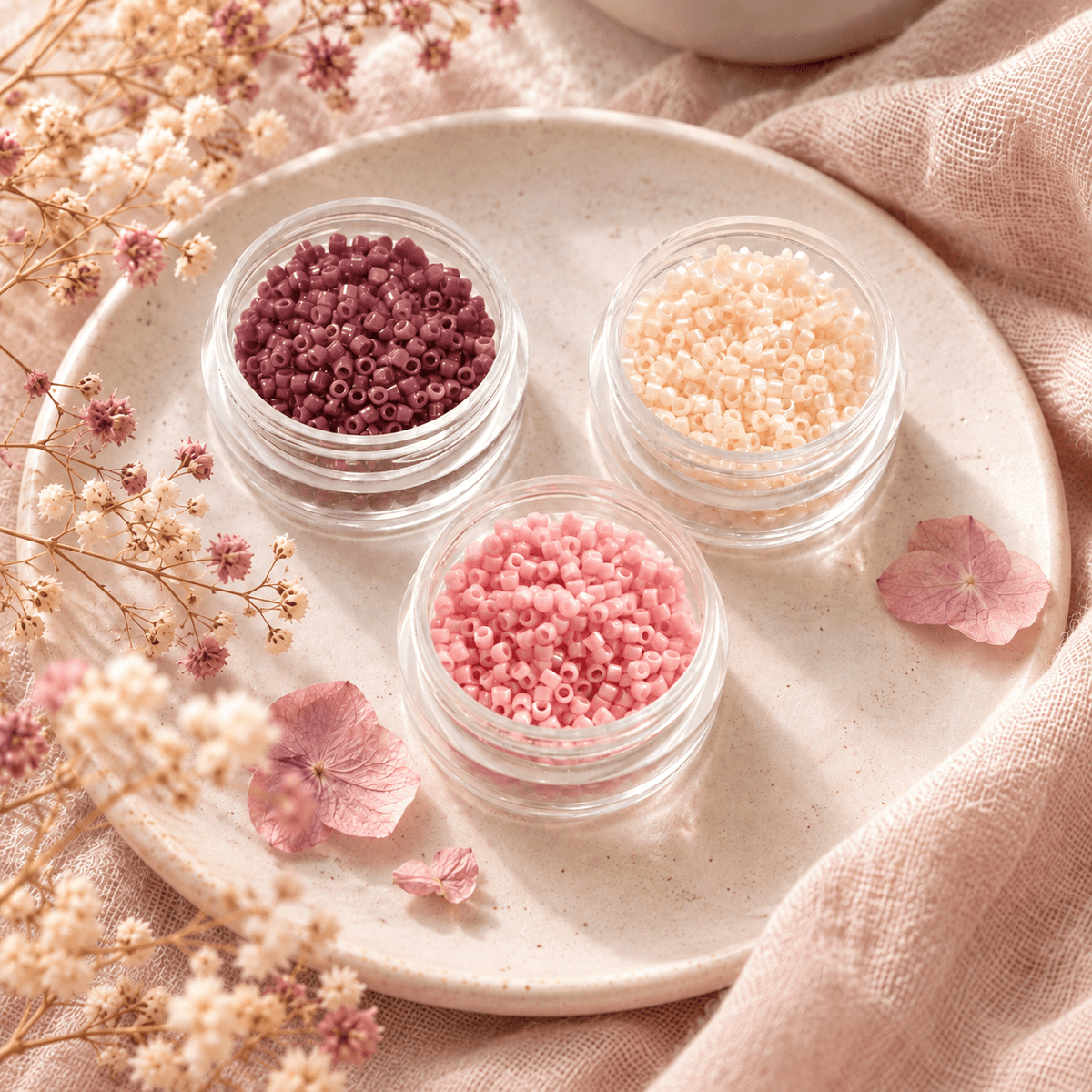 Miyuki Delica 11/0 värvikomplekt puuderroosade, kreemikasvalgete ja ploomilillade helmestega, 15 g